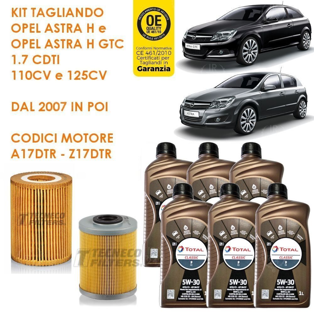 KIT TAGLIANDO PER OPEL ASTRA H GTC 1.7 CDTI 92KW 125CV 07> Z17DTR -2 FILTRI+OLIO - Foto 1 di 7
